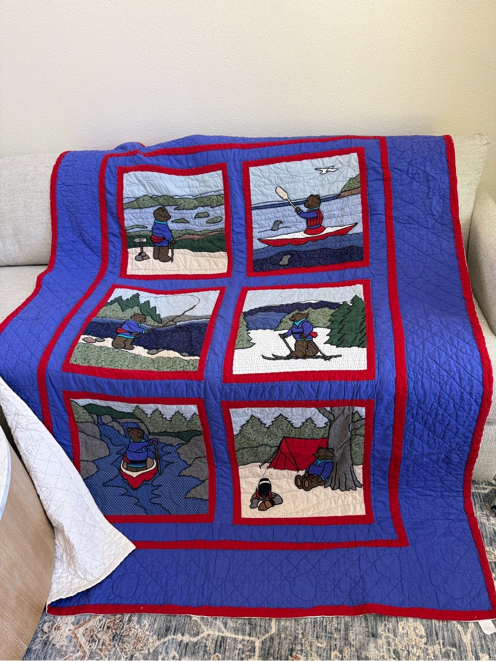 L.L. Bean Blue and Red Outdoor Patchwork Quilted Throw